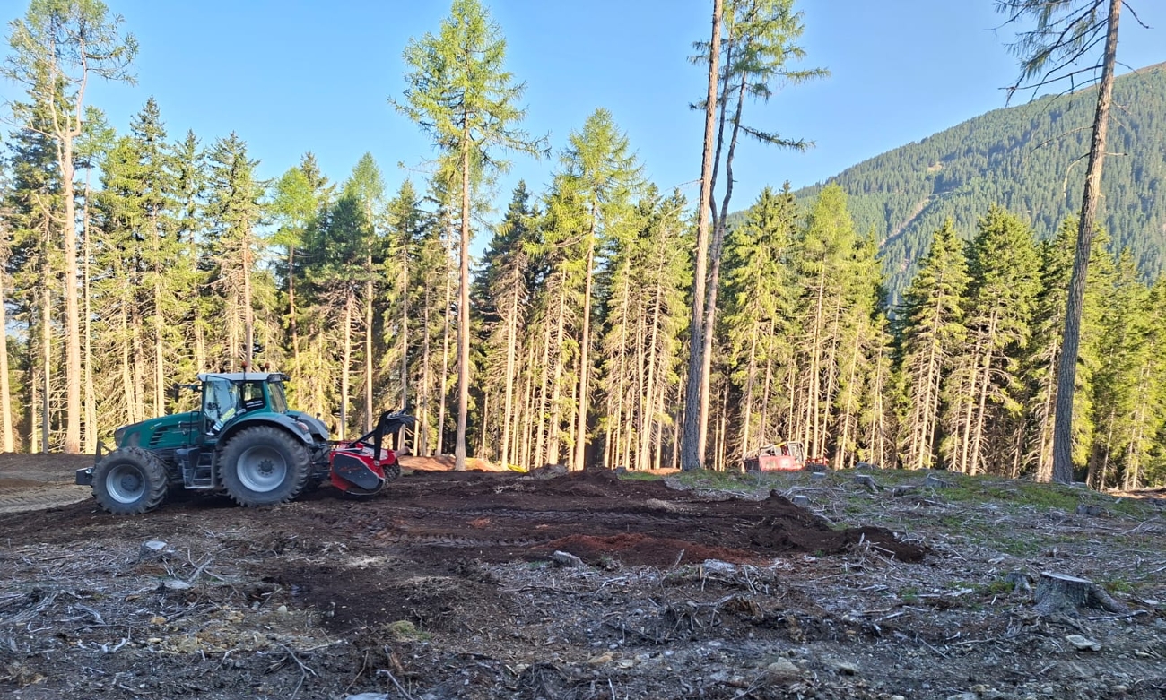 Fendt 942 Vario bei der Aufbereitung von Forstwegen in den Tiroler Bergen mit schwerer Frästechnik im Waldgebiet.