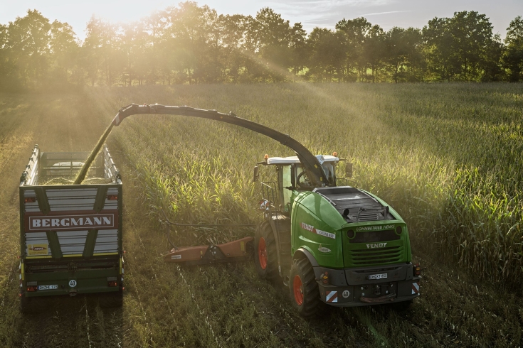 Fendt Katana und Häckselgespann von hinten Fendt Katana und Häckselgespann von hinten, während des Häckselns bei tiefstehender Sonne